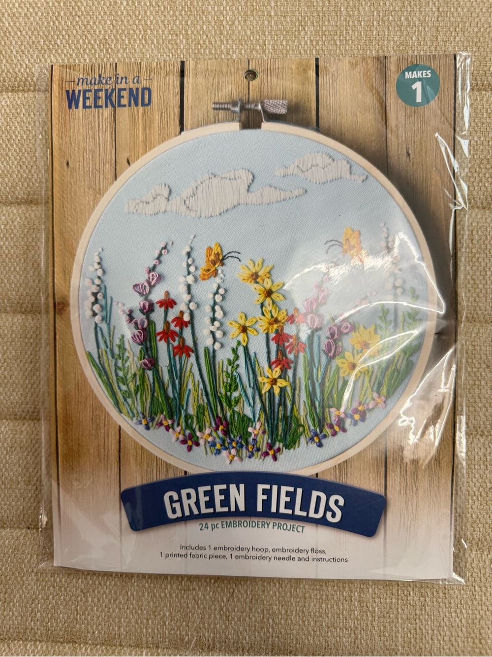 Green Fields Floral Embroidery Wall Art - Blue